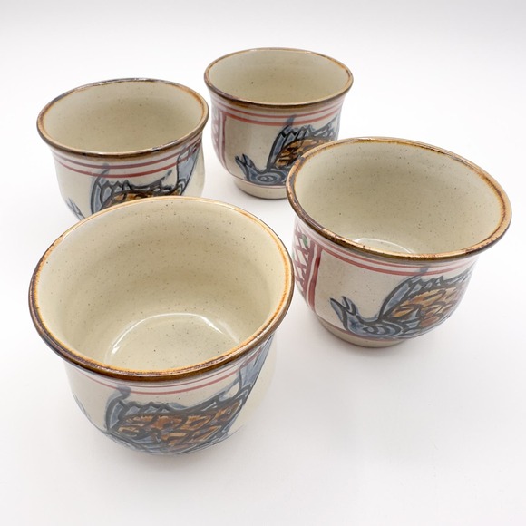 Japanese Hand Painted Okinawa  Tsuboya-yaki Pottery Tea Cups Set of Four w Birds - Picture 7 of 12